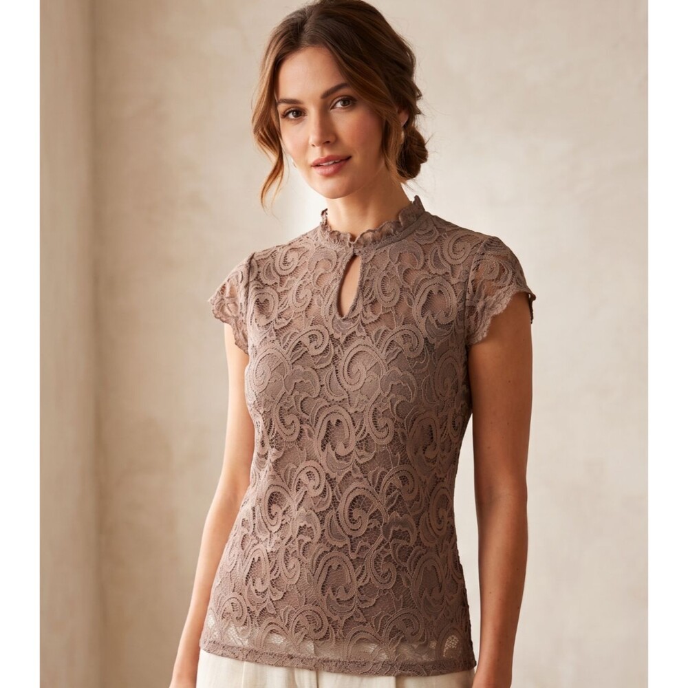 Per Seption Concept Mocha Lace Keyhole Top Size Small